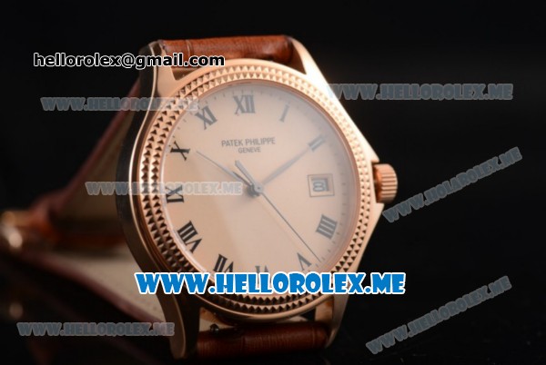 Patek Philippe Calatrava Miyota 9015 Automatic Rose Gold Case with Rose Gold Dial Brown Leather Strap and Rose Gold Bezel - Click Image to Close